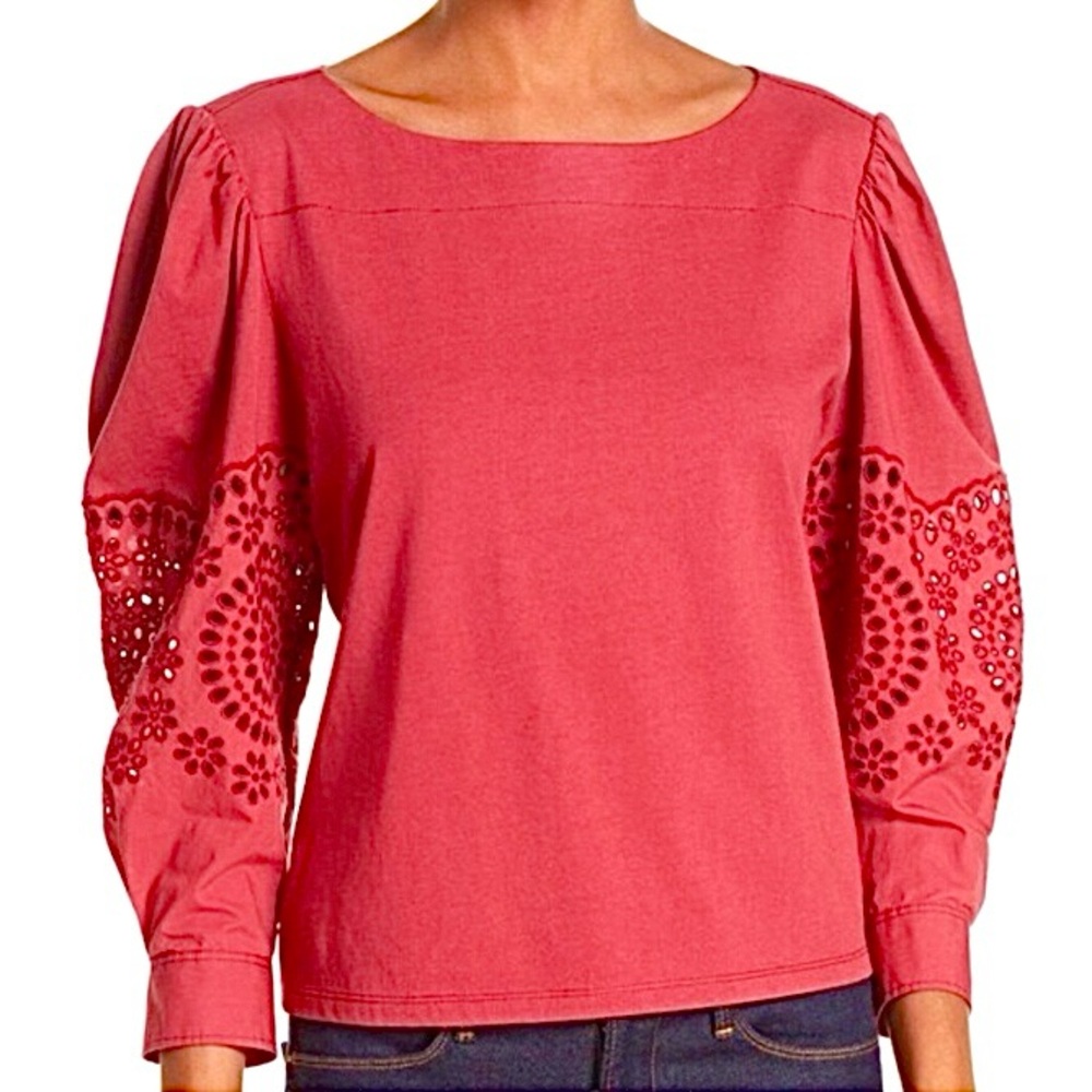 Rebecca Taylor La Vie Top Eyelet Sleeve Jersey Knit Puff Shoulder Cotton Red S